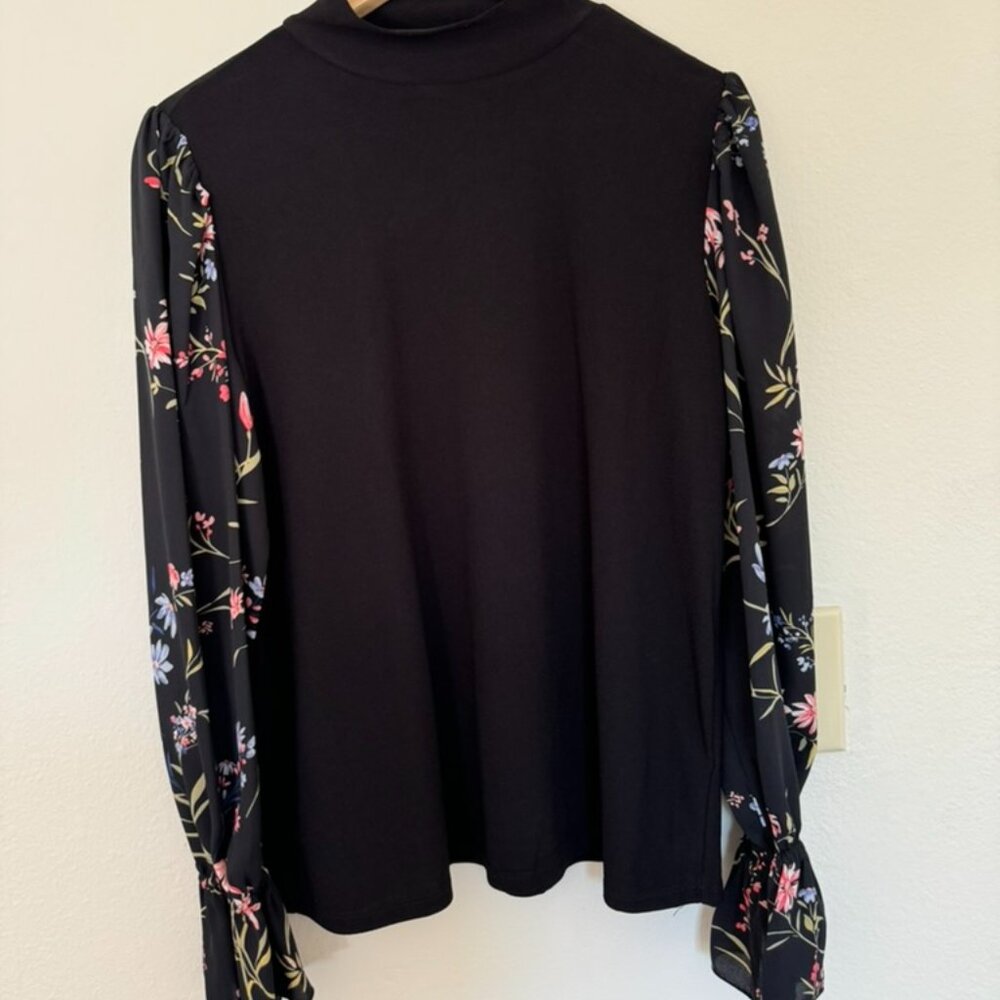 Cece Black mock neck long sleeve top blouse with floral sleeves, size L